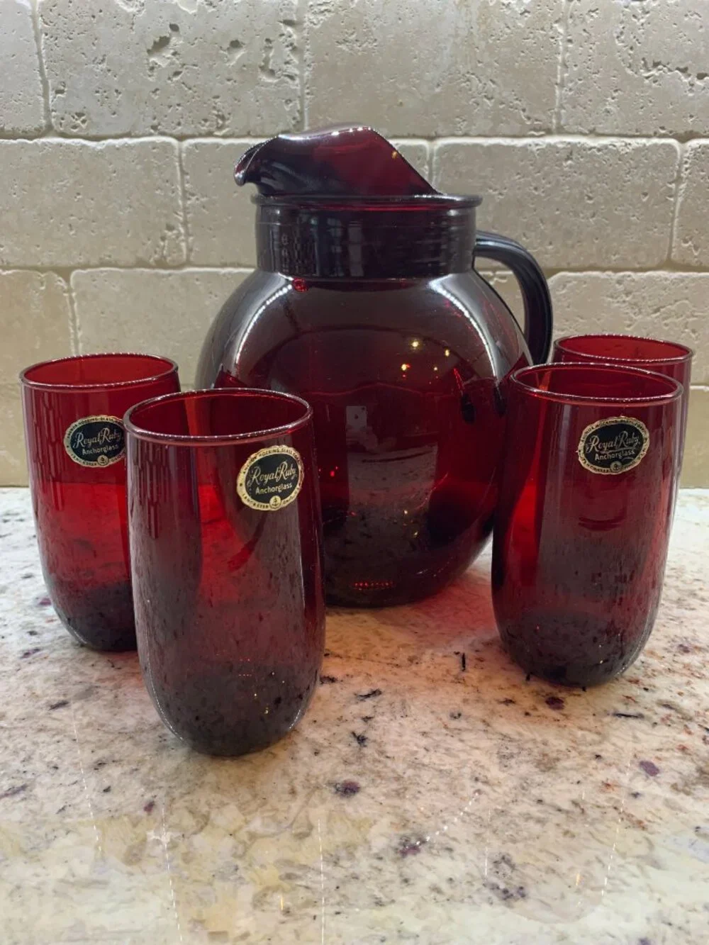 Vintage Anchor Hocking Royal Ruby Red glass pitcher 4 matching glasses